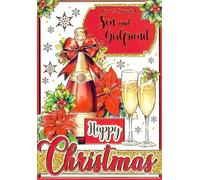 For a Special Son and Girlfriend Christmas Card - Champagne & Glasses Festive Design - Gold-Foiled & Embossed 19x13cm Greeting Card with Envelope - Inside Reads “With Special Thoughts…”