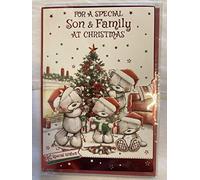 For A Special Son & Family At Christmas Card Grey Teddy Family Decorating Christmas Tree/Fireplace Foil Detail(PH45226)