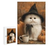 for Adults 1000 PCS Jigsaw Puzzle Halloween White Witch Cat with Pumpkins Jigsaw for Adults Relaxing Games For Family Fun Challenging Game Gifts 1000 PCS