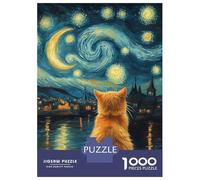for Adults 1000 Piece Jigsaw Puzzle Animal Cat Gazing at Starry Night Inspired Landscape Van Gogh Teenager Puzzles Toy Wall Decor Stress Reliever Fun at Home Activities, 70x50cm/1000pcs