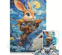for Adults 1000 Piece Jigsaw Puzzle Armed Rabbit Riding Shark in Starry Night, Fun Games, Challenging To Complete, Improving Love between Couples 38x26cm