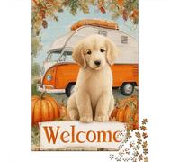 for Adults 1000 Piece Jigsaw Puzzle Autumn Welcome Sign with Puppy Adult Jigsaw Toy Wall Decor Difficult Challenge Fun at Home Activities, 52x38cm/1000pcs