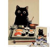 for Adults 1000 Piece Jigsaw Puzzle Black Cat And Sushi Feast Toy Wall Decor Art Work Gift Hands-on Game Enhance Love between Couples Size 38x26cm
