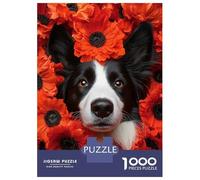 for Adults 1000 Piece Jigsaw Puzzle Border Collie Dog Surrounded by Poppies Jigsaw Puzzle Brain Teaser Game Hand Speed Race Fun Activities at Home 70x50cm/1000pcs
