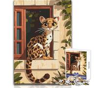 for Adults 1000 Piece Jigsaw Puzzle Cartoon Leopard on Window Sill Enjoy Peaceful Quiet Moments High Accuracy Cutting Craft Play Toy Size 38x52cm