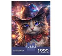 for Adults 1000 Piece Jigsaw Puzzle Cat in Cowboy Hat with Bow Tie Adult Puzzles Hands-on Game Birthday Present Fun at Home Activities, 52x38cm/1000pcs