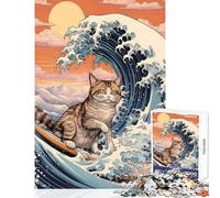 for Adults 1000 Piece Jigsaw Puzzle Cat Surfing Kanagawa Wave Jigsaw Puzzle 1000 Brain Teaser Game Great Gifts And Toys Difficult Hard (38x52cm)