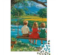 for Adults 1000 Piece Jigsaw Puzzle Children on Swing by River Adult Jigsaw Puzzle Brain Teaser Game For Family Fun Christmas Birthday Gifts 38x26cm/1000pcs