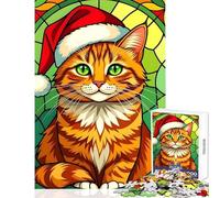 for Adults 1000 Piece Jigsaw Puzzle Christmas Ginger Cat Stained Glass Illustration Jigsaw 1000 Pieces Impossible Game Great Gifts for Games Precision Cutting (38x52cm)