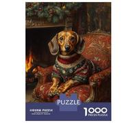 for Adults 1000 Piece Jigsaw Puzzle Dachshund in Christmas Sweater by Fireplace Cozy Holiday Dog Wall Art Puzzle for Adults Relaxing Games Birthday Present Unique Birthday And Xmas Gifts 52x38cm/1000