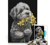 for Adults 1000 Piece Jigsaw Puzzle Dog with Daffodils on Black Background, Impossible Game, Fun at Home Activities, Artists' Collection, Fine Arts 38x52cm