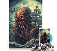 for Adults 1000 Piece Jigsaw Puzzle Giant Red Octopus Vs Ship, Fun Games, Challenging To Complete, Improving Love between Couples 50x75cm