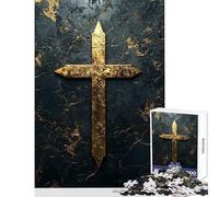 for Adults 1000 Piece Jigsaw Puzzle Golden Cross on Black Marble Hands-on Game Stress Reliever Home Decoration Toys Improving Love between Couples (38x52cm)