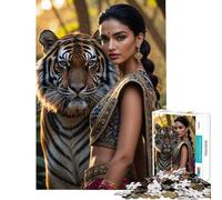 for Adults 1000 Piece Jigsaw Puzzle Indian Woman with Bengal Tiger Challenging To Complete Family Activities Family Game Suitable for People Aged 14 And Above (38x52cm)