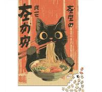 for Adults 1000 Piece Jigsaw Puzzle Japanese Cat Eating Noodles Adult Jigsaw Toy Wall Decor Difficult Challenge Fun at Home Activities, 38x26cm/1000pcs