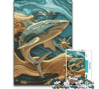 for Adults 1000 Piece Jigsaw Puzzle Kintsugi Golden Shark in Teal Ocean Presents for Women Impossible Game for And 14 Years And over (size 38x26cm)