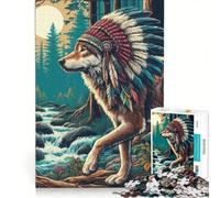 for Adults 1000 Piece Jigsaw Puzzle Native Wolf in Headdress Hands-on Game Fun Activities at Home Deal As Gifts for The Whole Family 50x75cm