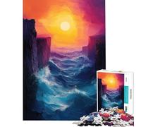 for Adults 1000 Piece Jigsaw Puzzle Ocean Waves Between Cliffs at Sunset Relax Games Learning Educational Toys Art Work Gifts Staycation Kill Time (size 38x26cm)