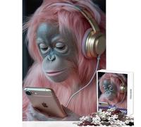 for Adults 1000 Piece Jigsaw Puzzle Pink Hair Orangutan with Headphones Fun Family Bonding Activity Ideal Festive Choice (38X52cm)