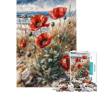 for Adults 1000 Piece Jigsaw Puzzle Red Poppies by The Sea Jigsaw for Adults Family Game Precision Cutting Challenging Game Gifts (Size 75x50cm)