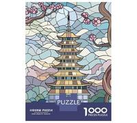 for Adults 1000 Piece Jigsaw Puzzle Stained Glass Pagoda And Cherry Blossoms Jigsaws for Adults Anti-Stress Toys For Family Fun Fun Activities at Home 52x38cm/1000pcs