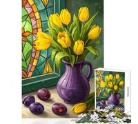 for Adults 1000 Piece Jigsaw Puzzle Still Life︰ Tulips, Plums, Stained Glass Shared Joyful Home Experience Wonderful Festive (38X26cm)