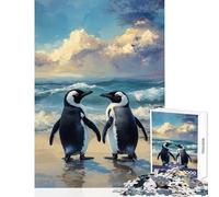 for Adults 1000 Piece Jigsaw Puzzle Two Penguins on A Beach Painting Educational Toy Great Gifts And Toys Family Game Fun Activities at Home Size 38x26cm
