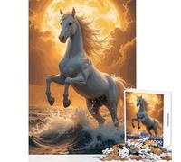 for Adults 1000 Piece Jigsaw Puzzle White Horse Rearing in Ocean Waves Shared Joyful Home Experience Wonderful Festive (50X75cm)