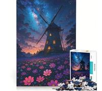 for Adults 1000 Piece Jigsaw Puzzle Windmill And Flowers Under Starry Sky Fun Games Challenging To Complete Improving Love between Couples 38x52cm