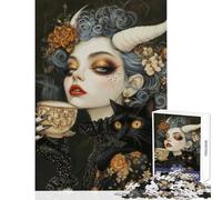 for Adults 1000 Piece Jigsaw Puzzle Witchcore Tea Time with Black Cat Familiar 1000 Piece Jigsaws Impossible Game Gifts For Birthdays Tough Challenge (38x52cm)