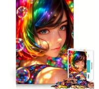 for Adults 1000 Piece Puzzle Anime Girl with Rainbow Hair Clean Cut Piece, Smart Brain Activity, Calm Time Fun, Birthday Art Gift (38x26cm)