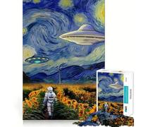 for Adults 1000 Piece Puzzle Astronaut in Sunflower Field with UFOs Exact Cut Art Brain Skill Play Leisure Play Fun Birthday Art Gift (38x26cm)