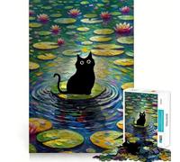 for Adults 1000 Piece Puzzle Black Cat on Lily Pad Painting Tight Fit Play, Brain Game Gift, Chill Play Time, Birthday Fun Play (38x26cm)