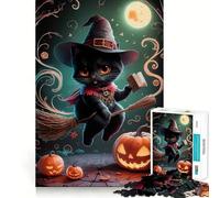 for Adults 1000 Piece Puzzle Black Cat Witch Halloween Clean Cut Piece, Smart Brain Activity, Calm Time Fun, Birthday Art Gift (50x75cm)