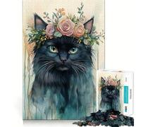 for Adults 1000 Piece Puzzle Black Cat with Floral Crown Clean Cut Piece, Smart Brain Activity, Calm Time Fun, Birthday Art Gift (50x75cm)