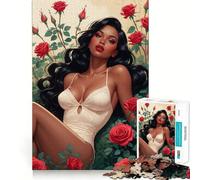 for Adults 1000 Piece Puzzle Black Pin-Up with Sexy Beige Bodysuit in Red Roses Tight Fit Play,Brain Game Gift,Chill Play Time,Birthday Fun Play (50x75cm)