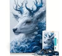 for Adults 1000 Piece Puzzle Blue And White Floral Deer Portrait Clean Cut Piece, Smart Brain Activity, Calm Time Fun, Birthday Art Gift (38x52cm)