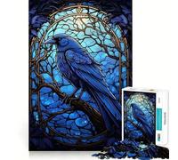 for Adults 1000 Piece Puzzle Blue Raven Stained Glass Clean Cut Piece, Smart Brain Activity, Calm Time Fun, Birthday Art Gift (50x75cm)