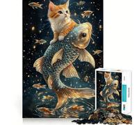 for Adults 1000 Piece Puzzle Cat Riding Giant Fish Seamless Cut Game Problem Solve Toy Casual Play Game Xmas Scene Art (38x52cm)