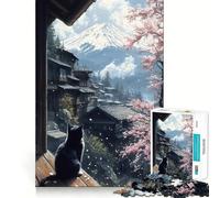 for Adults 1000 Piece Puzzle Cat Watching Mt. Fuji Seamless Cut Game Problem Solve Toy Casual Play Game Xmas Scene Art (38x26cm)