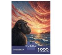 for Adults 1000 Piece Puzzle Chimpanzee Gazing at Sunset Over Ocean Puzzles for Adults Brain Teaser Game Perfect Decoration Difficult And Challenge 38x26cm/1000pcs