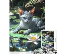for Adults 1000 Piece Puzzle Cornish Rex Cat And Frog on Lily Pad Puzzle For Teenagers Staycation Kill Time Fun Activities at Home Unique Challenge Game (50x75cm)