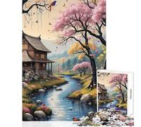 for Adults 1000 Piece Puzzle Japanese House by River with Cherry Blossoms Practical Game for The Whole Family Toy Wall Decor Train Your Brain And Hands (38x52cm)
