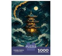 for Adults 1000 Piece Puzzle Pagoda Amidst Ocean Waves at Night Puzzles for Adults Hands-on Game Staycation Kill Time Unique Gifts for Birthday And Christmas 52x38cm/1000pcs