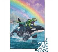 for Adults 1000 Piece Puzzle Whale Riding Iguana Rainbow Puzzles for Adults Hands-on Game Staycation Kill Time Unique Gifts for Birthday And Christmas 38x26cm/1000pcs