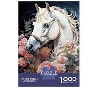 for Adults 1000 Piece Puzzle White Horse with Pink Flowers Jigsaw Puzzle Anti-Stress Toys Difficult Hard Unique Gifts for Birthday And Christmas 70x50cm/1000pcs