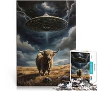 for Adults 2000 Pieces Puzzle Highland Cow UFO Abduction Made of cardboard,for age 14 years and over Stress Reliever Difficult Challenge deal as gifts for the whole family 。size:70x100cm