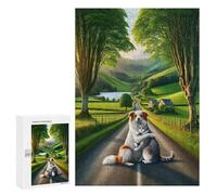for Adults 300 PCS Puzzle A Quiet Country Road in The Countryside, Grass, Trees, A Small Lake, And A Very Cute White Jigsaw Puzzles for Adults But Fun And Humorous for Birthday, Chrismas for Is Ideal