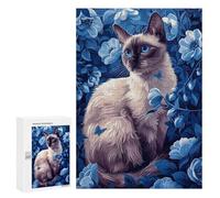 for Adults 300 PCS Puzzle Siamese Cat in Blue Flowers Jigsaw Relax Games Perfect Decoration Unique Gifts for Birthday And Christmas 300 PCS