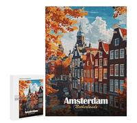 for Adults 500 PCS Jigsaw Puzzle Amsterdam Netherlands Autumn Cityscape Illustration Jigsaw for Adults Relaxing Games For Family Fun Challenging Game Gifts 500 PCS